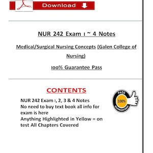 以下が含まれることがあります： 「NUR 242 Exam 1 ~ 4 Notes」と「Medical/Surgical Nursing Concepts」のテキストが記載された白いドキュメント。 「ダウンロード」ボタンと「100% Guarantee Pass」の記述が含まれています。 試験ノートの内容も記載されています。