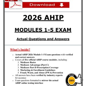 May include: A white document with the text "2026 AHIP MODULES 1-5 EXAM" and "Actual Questions and Answers." The document includes a "Download" button and a "100% Guaranteed" seal.