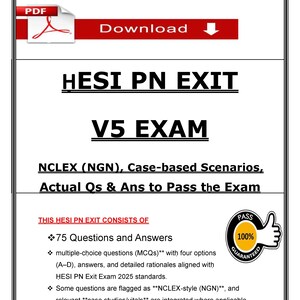 Puede incluir: Documento blanco con el texto "HESI PN EXIT V5 EXAM" y detalles sobre el examen, incluyendo "75 Questions and Answers" y contenido "NCLEX (NGN)". Una barra roja en la parte superior dice "Download". Un icono de pulgar garantiza un 100% de aprobación.