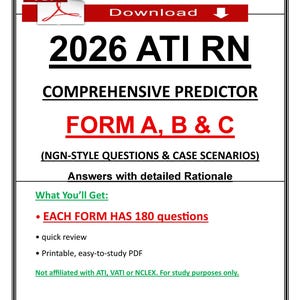 May include: A digital document titled 2026 ATI RN Comprehensive Predictor Form A, B & C, featuring NGN-style questions and case scenarios with detailed rationales. The text indicates each form contains 180 questions, is a printable PDF, and is for study purposes.