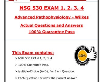 Op de afbeelding: Een downloadbaar PDF-document met een rode banner met het woord "Download". Het document behandelt NSG 530 EXAM 1, 2, 3, 4, geavanceerde pathofysiologie en belooft echte vragen, antwoorden en een 100% slagingsgarantie.