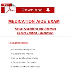 Può includere: Documento bianco con il titolo "MEDICATION AIDE EXAM" in testo rosso. Il documento include il testo "Actual Questions and Answers" e "Expert-Verified Explanation". Un banner rosso con la parola "Download" è in alto.
