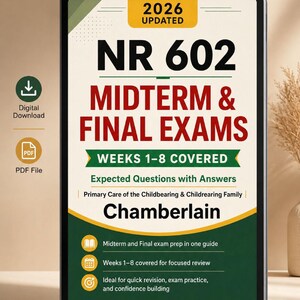 Puede incluir: Una tableta digital que muestra una guía de estudio actualizada para 2026 para los exámenes NR 602, que cubre las semanas 1-8 para el curso Chamberlain Primary Care of the Childbearing & Childrearing Family, con un icono de archivo PDF.
