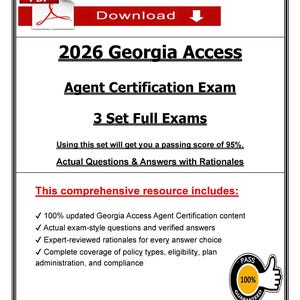 Puede incluir: Un documento titulado "2026 Georgia Access Agent Certification Exam" se muestra. Incluye "3 Set Full Exams" y promete una nota de aprobación del 95%. El documento también presenta un sello "100% garantizado" y un botón de descarga.