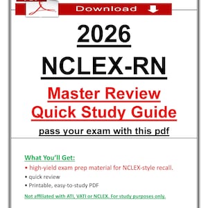Könnte beinhalten: Ein digitaler PDF-Download mit dem Titel 2026 NCLEX-RN Master Review Quick Study Guide. Das Dokument enthält roten und schwarzen Text auf weißem Hintergrund, einschließlich der Sätze pass your exam with this pdf, What You'll Get und study purposes only.