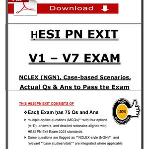 Puede incluir: Documento blanco con una pancarta roja que dice "Descargar" y un icono PDF. El documento se titula "HESI PN EXIT V1 - V7 EXAM" e incluye información sobre preguntas y respuestas NCLEX para aprobar el examen. También hay una insignia de "100% Garantizado".