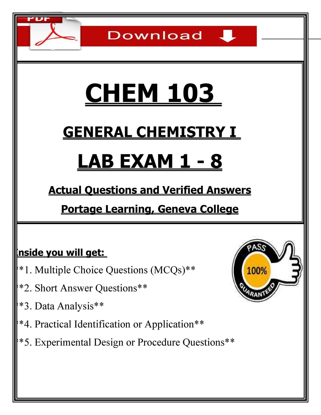 CHEM 103 Lab Exams 1–8 (2025) – General Chemistry I (portage Learning ...