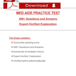Può includere: Documento bianco con il testo "MED AIDE PRACTICE TEST" e "400+ Questions and Answers." Il documento include anche il testo "Expert-Verified Explanation" e "Download" con una freccia verso il basso.