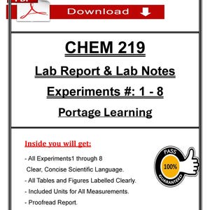 Puede incluir: Documento blanco con borde rojo y negro, con el texto "CHEM 219 Lab Report & Lab Notes" y "Experiments #: 1 - 8". Incluye un sello "100% Garantizado" y un botón "Descargar".