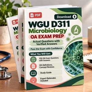 以下が含まれることがあります： WGU D311 Microbiology OA Exam Prepというタイトルの学習ガイドで、PDFダウンロードアイコンが付いています。表紙には緑と白のグラフィック、顕微鏡のアイコン、細菌の画像が描かれています。テキストにはActual Questions with Verified Answers、What You Will Getが含まれ、226 OA Exam Questions with Answers、OA Definitions、Concept Reviews、Study Guide、Expert Rationales Includedが記載されています。