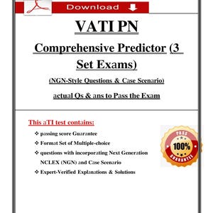 May include: A white document with a red PDF icon and the word "Download" in red. The document includes the text "VATI PN Comprehensive Predictor (3 Set Exams)" and a "100% Guarantee" badge.