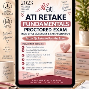 Puede incluir: Una tableta digital que muestra una guía de estudio para el examen ATI Retake Fundamentals 2023. La pantalla presenta texto que incluye "ATI", "NGN-Style Questions" y una lista de contenidos del examen, junto a libros y un icono de corazón.