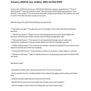 Puede incluir: Documento blanco con texto negro titulado "Pass your 2025 PN Exit HESI Exam V1 to V7 Questions and Rationalized Answers; (NGN & Case studies), 100% Verified (PDF)". El documento proporciona información para el examen HESI de salida PN 2025.