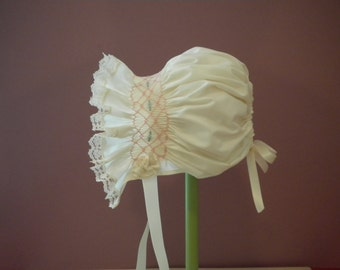 Hand Smocked Ecru Baby Bonnet