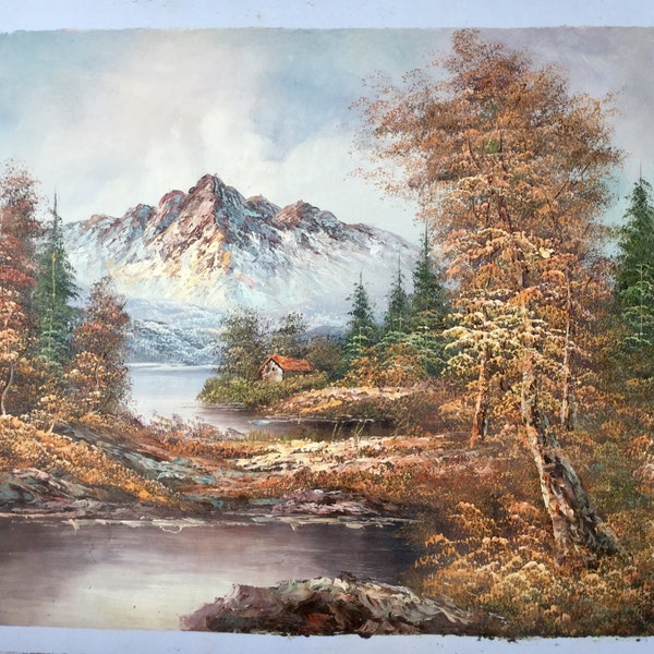 Large 1980s Autumn Landscape Painting of a Mountain Original Art Wall Hanging Home Decor