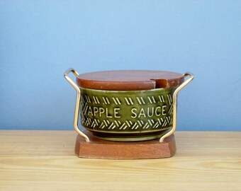 lovely sage green embossed honey.preserve or marmalade pot vintage Lord Nelson pottery and Wyncraft hopefully in its original wooden stand