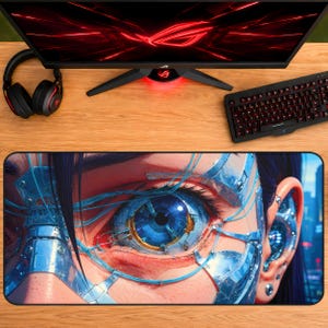 Cyberpunk Eye Close-Up Desk Mat XXL | Dark Sci-Fi Gaming Mouse Pad | Android Vision Art