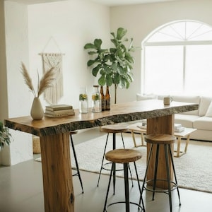 May include: A live-edge wooden bar table with two thick, natural-finish log supports, accompanied by three round wooden stools with black metal legs. The table surface displays a raw, textured edge, and the stools feature matching wood seats.