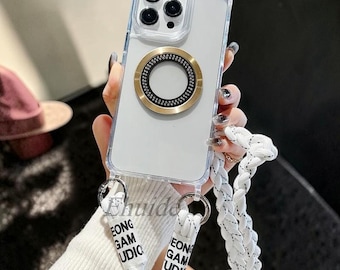 Funda transparente magnética cruzada con cordón para iPhone 17, 16 y 15