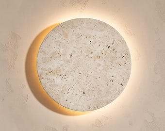 Travertine Eclipse Wall Sconce, Japandi Natural Stone Lamp, Round Modern Lighting