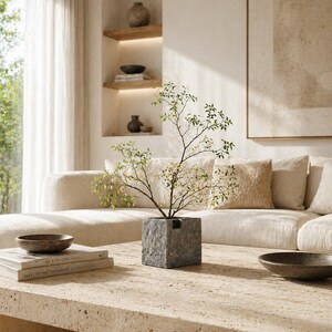 May include: A small, square, gray stone planter holds a delicate, leafy branch with tiny white flowers. The planter sits on a light-colored stone table, with a neutral-toned sofa in the background. Decorative bowls and books are also on the table.