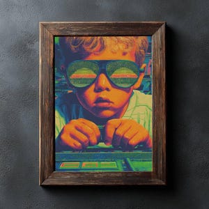 80-tals arkadspeltryck | Pojke på Atari-skåp, neonljus (digital nedladdning)