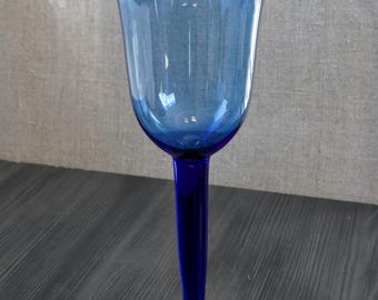 Vintage Cobalt Blue Handblown Goblet, Spanish Wine or Water Glass, Tall Sculptural Stemware