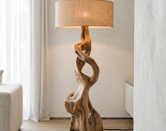Lámpara de pie artística tallada, iluminación de madera hecha a mano, decoración ambiental rústica moderna, diseño natural sólido.