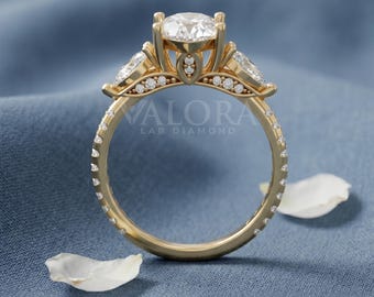 Vintage Pear Cut Lab Diamond Ring, 10k Yellow Gold Hidden Halo Ring, Elongated Pear Bridal Set Bespoke Three Stone Promise Ring For Her