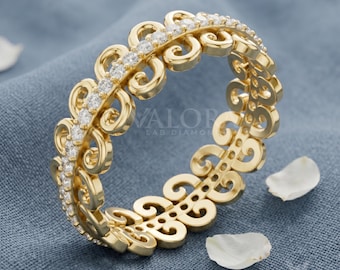 Unique Filigree Swirl Wedding Band For Women, Round Lab Grown Diamond Openwork Stacking Ring, 10k Yellow Gold Promise Anniversary Gift