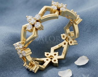 10k Yellow Gold Geometric Floral Eternity Ring, Open Lattice Lab Diamond Spacer Band, Unique Modern Bridal Ring Art Deco Stackable