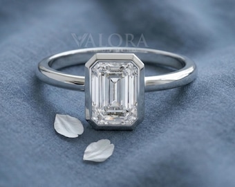 Low Profile Emerald Cut Bezel Solitaire Lab Diamond Ring 10K White Gold Snag Free Nurse Engagement Band, Minimalist Anniversary Jewelry