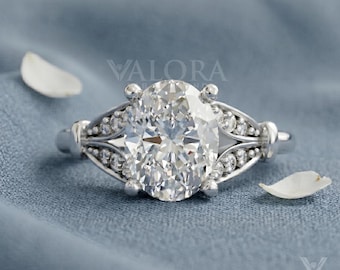 Modern Oval Engagement Ring Navette Split Shank Cathedral Wedding Band Unique Leaf Pod Hidden Basket Ring Cuff Detail White Gold