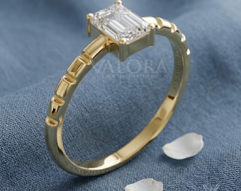 Fluted Band Emerald Cut Ring Step Cut Moissanite Ring 10k Gold Dainty Wedding Ring Minimalist Stackable Anniversary Ring For Her