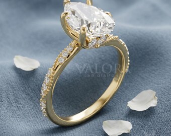 Pear Lab Diamond Hidden Halo Milgrain Pavé Band 10k Yellow Gold Dainty Teardrop Solitaire Unique Promise Ring Custom Personalized Ring