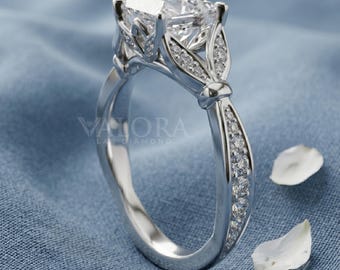 Princess Cut Hidden Halo Lab Diamond Floral Setting Ring, 14k White Gold Pave Band Anniversary Gift Her, Personalized Fine Jewelry