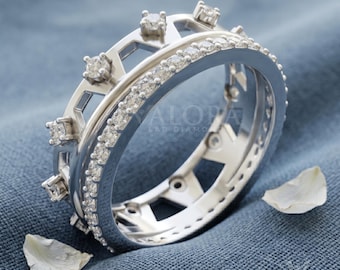 Architectural Double Row Eternity Band, Lab Grown Diamond Crown Ring, Art Deco Stackable Ring, Unique Castle Wedding Ring for Her