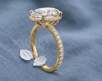 Custom Elongated Oval Diamond Hidden Halo Thin Pave Band Engagement Ring, 14k Solid Gold Promise Ring for Women Bespoke Anniversary Gift Her