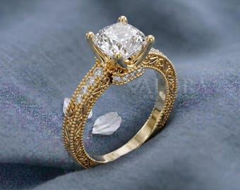 Antique Cushion Moissanite Ring Hidden Halo Scrollwork Filigree Engagement Band 10k Gold Sustainable Diamond Jewelry Custom Anniversary Gift