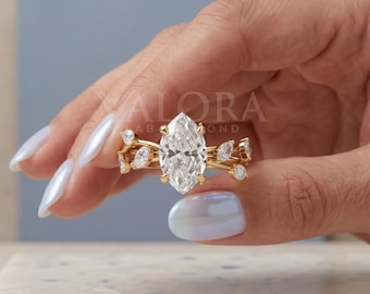 Nature Inspired Marquise Hidden Halo Lab Diamond 14k Yellow Gold Twig Bridal Set For Women Vintage Style Leaf Engagement Band Botanical Ring