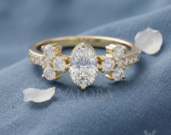 Oval Diamond Trefoil Cluster Side Stones Dainty Pave Band Modern Heirloom Engagement Ring 14k Gold Lab Grown Diamond Vintage Style Ring