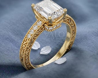Emerald Cut Vintage Filigree Scrollwork Band 10k Solid Gold Milgrain Wedding  Hidden Details Unique Promise Personalized Lab Diamond Ring