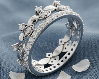 Art Deco Crown Stackable Curved Wedding Band, Platinum Tiara Promise Ring Vintage Moissanite Chevron Ring, Round Diamond Eternity Band