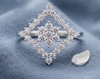Unique Geometric Statement Ring, White Gold Flower Cluster Promise Ring, Antique Style Rhombus Anniversary Gift Lab Diamond Pave Jewelry