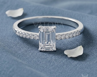 Emerald Solitaire Moissanite Ring 14k Solid White Gold Delicate Art Deco Style Pave Wedding Band Ethical Anniversary Gift For Her
