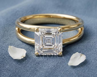 Custom Asscher Cut Split Shank Solitaire Lab Grown Diamond Engagement Ring, 14k Solid Gold Double Band Promise Ring, Personalized Gift