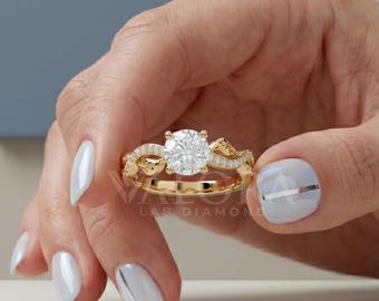 Round Cut Lab diamond Nature Inspired Twisting Leaf Ring, Solid Yellow Gold Botanical Bridal Set, Vintage Braided Promise Ring, Handmade