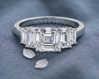 Asscher Cut Ethical Bridal Ring Art Deco 5 Stone Wedding Band Sustainable Lab Grown Diamond Platinum Promise Ring Her Square Emerald Cut