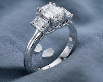 Custom Emerald Cut 3 Stone Ring 14k Gold Lab Diamond Personalized Unique Bridal Jewelry Anniversary Gift For Her Vintage Wedding Band