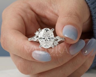 Nature Inspired Elongated Oval Ring Vintage Flower Botanical Wedding Ring Sustainable Lab Grown Diamond Promise Ring Leaf Bridal Band